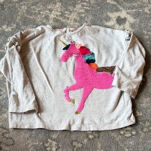 Mini Boden Gray Shirt with sequin Pink Unicorn Design